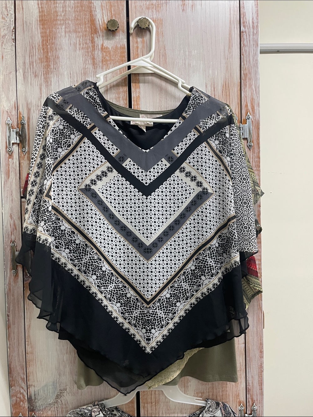 Black and White V-Neck Geometric Poncho Blouse 3 blouses for $15